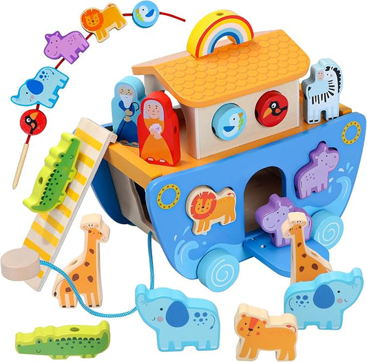 Wooden Noahs Ark Toy with Animal|Baby Baptism Gifts for Boys and Girl | Montessori Toys for 1+ Years Old|Eductional Shape Sorting Noah's Ark Toys for Toddlers 1-3|Learning Christening Birthday Gift