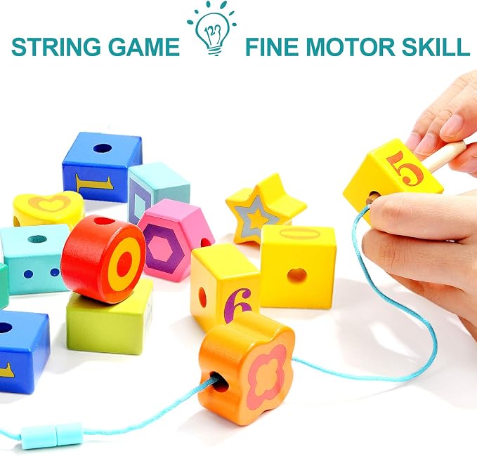 TOP BRIGHT Wooden Lacing Beads, Montessori Fine Motor Toys for Toddlers 1-3