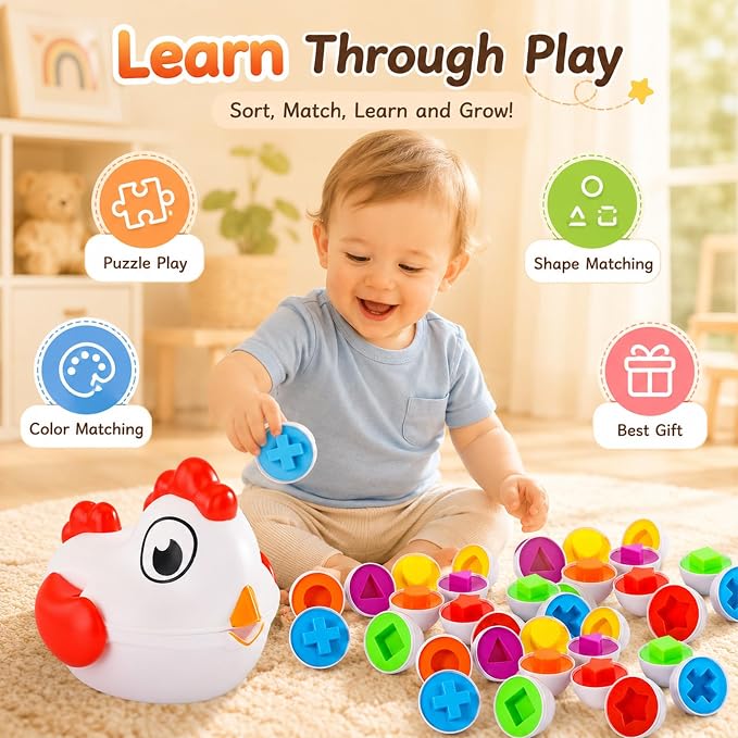 Toddlers Easter Chicken Eggs Matching Toys for Boys Girls 2 3 4 5 Years, Colors & Shape Matching Game, Preschool Sensory Fine Motor Skills Development Toy, Birthday Gifts for Baby Boys Girls