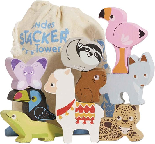 Le Toy Van Wooden South American Andes Stacking Animals & Bag | Sustainable Wooden Balancing Toy, Rainforest Animal Characters for Toddlers, Suitable for 18 Months and Up