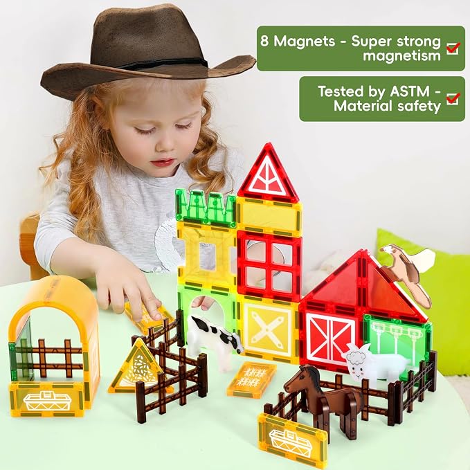 Magnetic Tiles Farm Animals Set - 30 Pcs Building Blocks with Fence – Montessori Sensory Toy for Toddlers 3-5 – Preschool Early Learning Construction Set for Home/Nursery – Ideal Gift for Boys & Girls