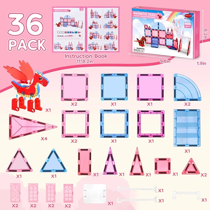 Magnetic Tiles for Kids Age 4-8 with Dragon, 36 Piece Princess Castle Magnet Tiles for Girls, Movable Dragon Sensory Toys for 3+, Creative Construction Building Set for Class, Xmas Gift for Grandkids