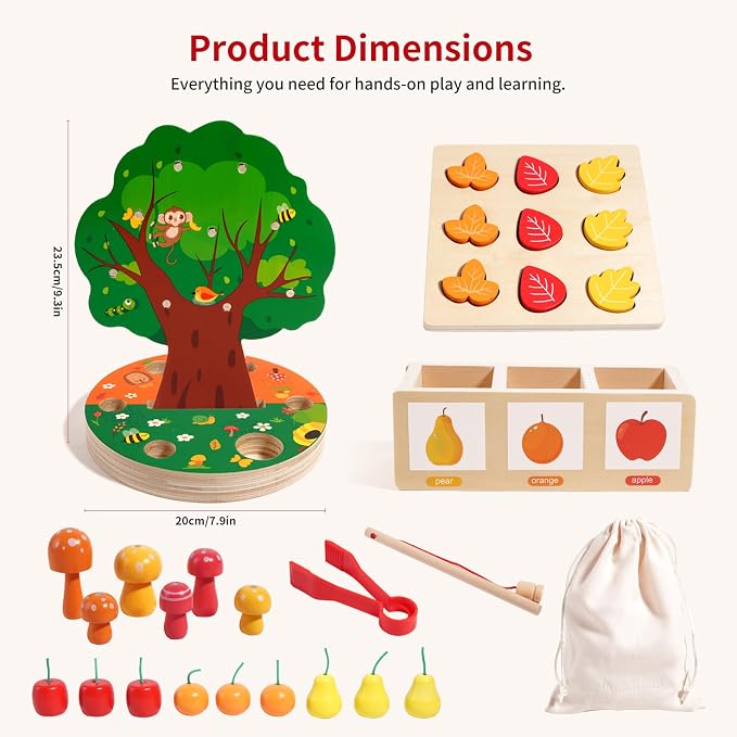 INIFEIDALA Montessori Toys for 3 4 5 6 Year Old - Fine Motor Skills Toy | Wooden Educational Toy for Toddlers,Magnetic Apple Picking Tree & Shape Sorter Puzzle,Hand-Eye Coordination-Color Recognition