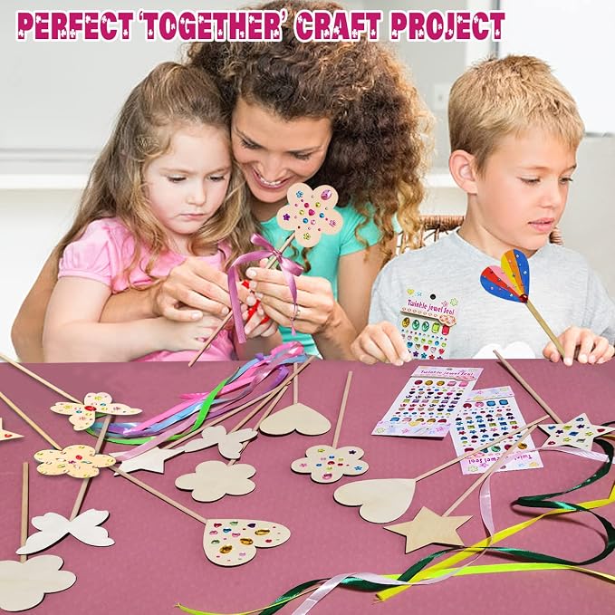 Princess Fairy Wands Craft Kit (14 PCS), Kid Birthday Party Supplies | Make Your Own Magic Wands Include Unfinished Wooden Fairy Wands, Gem Stickers, Ribbons, Ideal for Kids 6+
