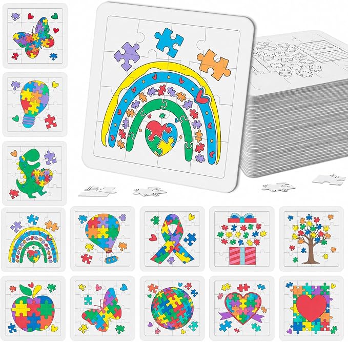Cinrobiye 24 Pack DIY Coloring Puzzle Craft Kit, Color Your Own Blank Puzzle Set, Puzzle Art Activity for Classroom Crafts, Group Projects, Party Favors, Therapy Activities and School Supplies