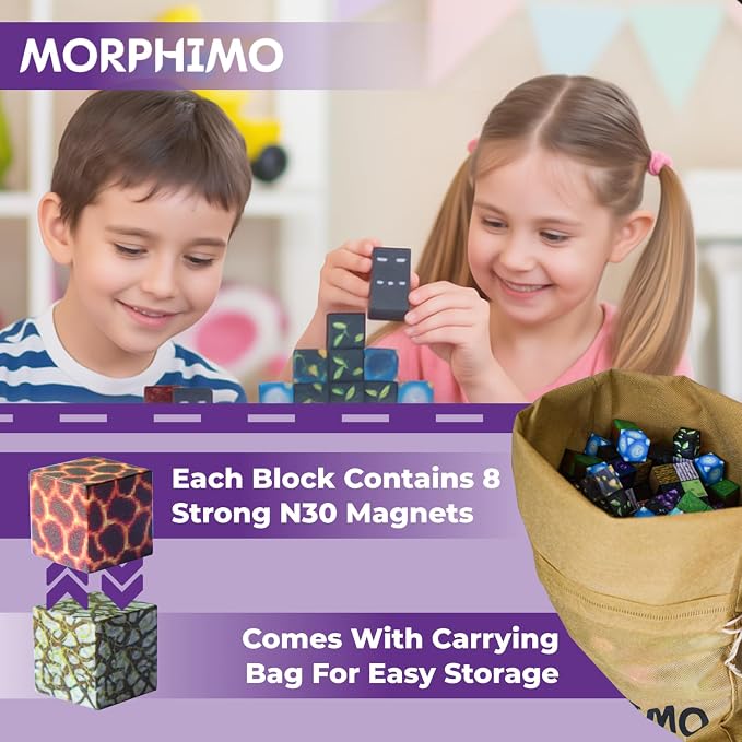 450 PCS Magnetic Building Blocks Set - Big STEM & Sensory Toy for Kids - Stacking Magnets - Instruction Book & Fabric Storage Bag - Shared Play Toy for Siblings & Friends