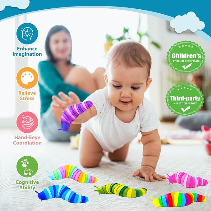 Kabvy 6 Pack Sensory Slug Fidget Toys, Stress Relief Toys for Kids 3+ | Slug caterpillar sensory fidget toys, autism & ADHD anxiety relief, travel play, classroom prizes, party favors, ages 3+