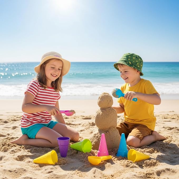 Potchen 60 Pcs Plastic Ice Cream Cones and Scoop Set Outdoor Beach Toys Kids Sand Mold Set Summer Sandbox Ice Cream Mold for Sensory Bin Outdoor Play Backyard Seaside Activities Party (Light Color)