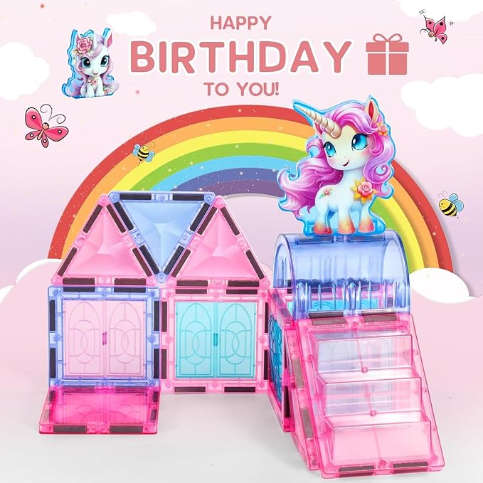 Unicorn Magnetic Tiles 49pcs – Magical Unicorn Toys for Girls Aged 4-8, Magnetic Building Blocks, STEM Construction Toy with 4 Unicorn Dolls and Dragon, Diamond 3D Educational Gift for Girls & Boys
