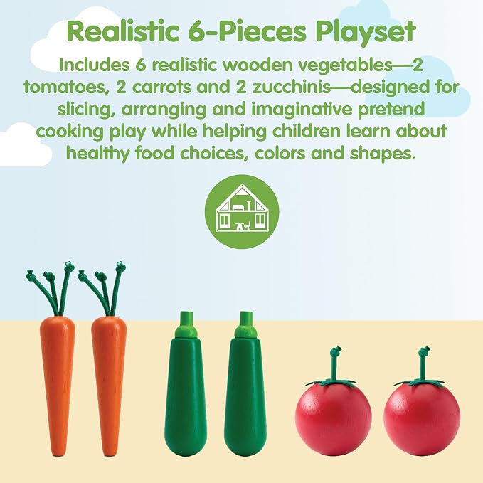 PlanToys® Wooden Fresh Produce Set Carrots, Zucchinis & Tomatoes Kids Toy | slicing, wooden knife, fruits and vegetables toys, girls, boys, montessori pretend food fine motor gift preschool learning