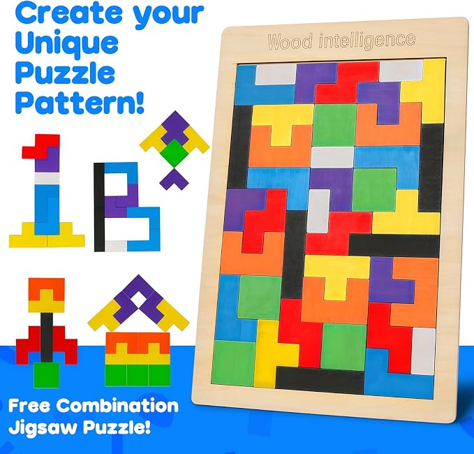 4 Pack Wooden Hexagon Puzzle, STEM Logic IQ Travel Game for Kids Adults | Montessori Educational Toy, Geometric Shape Blocks, Logic IQ Game, Ideal Gift for Kids Teens Adults