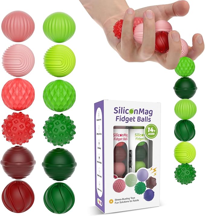Magnetic Fidget Balls, 12-Pack Silicone Sensory Toys for Adults & Teens | Quiet Stress Relief Balls for Office, Fun Desk Toys with Textures, Calming & Relaxing Gift for Men & Women