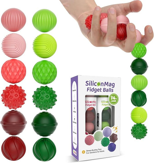 Magnetic Fidget Balls, 12-Pack Silicone Sensory Toys for Adults & Teens | Quiet Stress Relief Balls for Office, Fun Desk Toys with Textures, Calming & Relaxing Gift for Men & Women