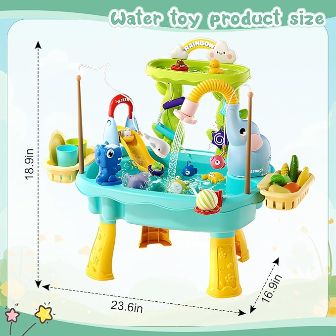 2027 Upgraded 4-in-1 Sand Water Table for Toddlers 1-3, Kids Sensory Table with Electric Water Pump & Elephant Faucet, Play Kitchen Sink with Food Accessories, Fishing Toy (Blue) | 4-in-1 sand and water table with electric pump, play kitchen sink and f...