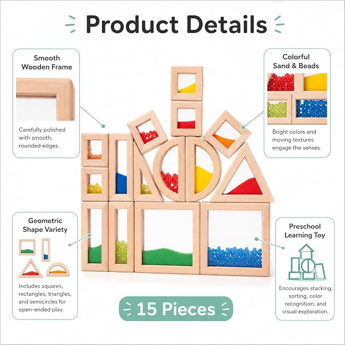 Rainbow Sensory Toys Blocks,15 Pcs Large Wooden Building Blocks for Toddlers Baby Kids,Colorful Geometric Stacking Toys, Preschool Educational Toy Set