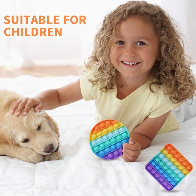 2 Packs Pop Fidget Sensory Toys, Autism Special Needs Stress Relief Silicone Pressure Relieving, Round and Square Squeeze Toys for Kids Children Adults (Set of 2)