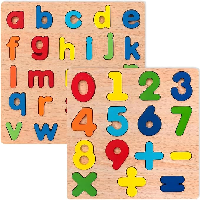 Wooden Puzzles for Toddlers, 2 Pcs Alphabet & Number Shape Wooden Puzzles | Natural Wood Material, Bright Colors, 15 numbers puzzles, 26 English alphabet puzzles, for kids ages 3 4 5