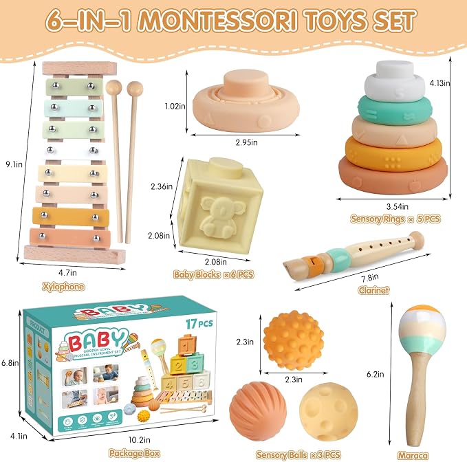 6-in-1 Montessori Baby Toy Set with Musical Instruments Toddler Baby Gift | Wooden xylophone with 2 sticks, maraca and clarinet; 6 soft blocks, 5 stacking rings, 3 sensory balls; music and sensory play