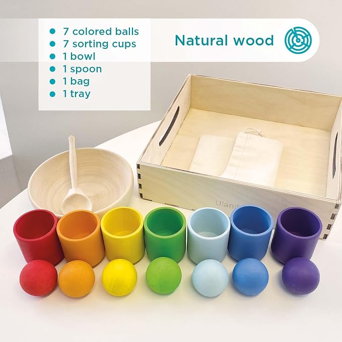 Ulanik Balls in Cups Rainbow Montessori Toys for 1 Year Old | Open-ended wooden sorting set; 7 clear colors; tray and bag for easy storage
