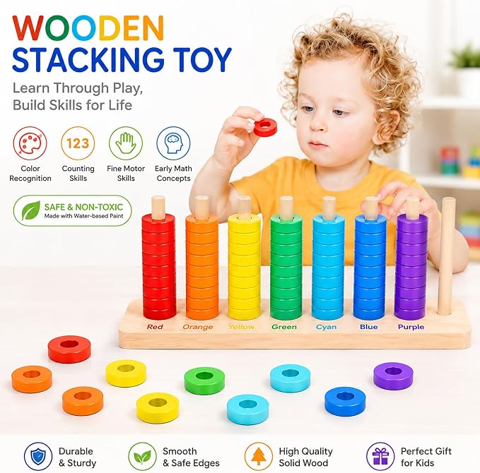 Montessori Wooden Color Sorting Stacking Toys, Montessori Toys Rainbow Rings Game with 70 Pieces, Fine Motor Skills Learning Toy, Educational Preschool Gift for Boys Girls Age 3 4 5+