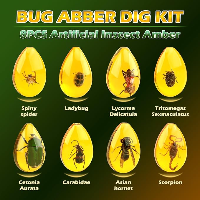 Woumserta Amber Dig Kits, Bugs Toys for Kids 5-7, 8 Insects Specimens Gifts | Fossil Dig Toys Bugs Science Kits for Bug Collection, Insect Toys for Boys Girls 5-7 8-12 Year Old Birthday Gifts