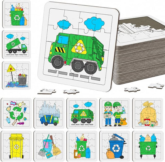 Cinrobiye 24PCS Garbage Truck Coloring Jigsaw Craft Kit for Kids, DIY Recycling Vehicle Activity Set Bulk with 12 Designs, Trash Day Birthday Party Favors, Classroom Learning Projects