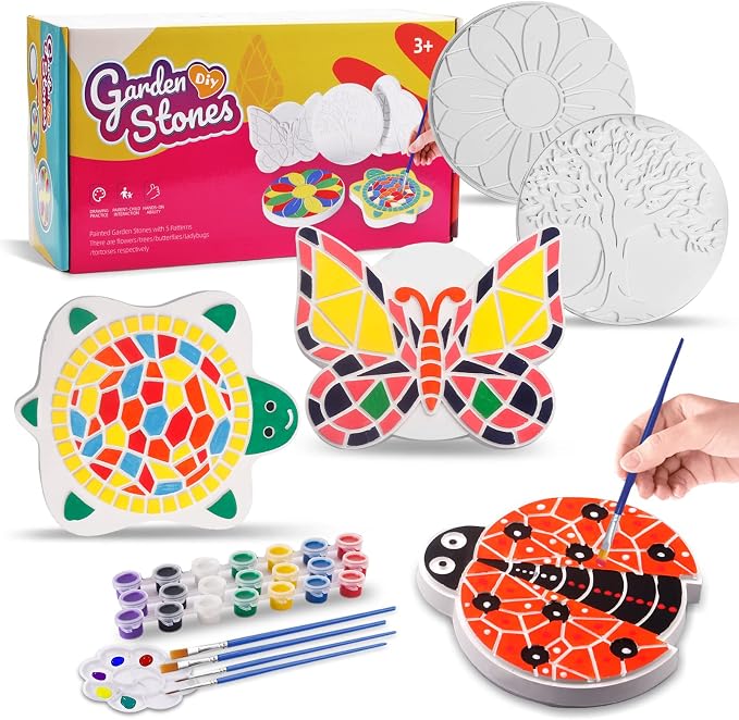Weilim Paint Your Own Stepping Stones, 5-Pack DIY Garden Craft Kit for Kids | 5 Ready-to-Paint Ceramic Garden Stones + Paints & Brushes; Shapes Butterfly, Turtle, Flower, Tree, Ladybug; No Baking Needed
