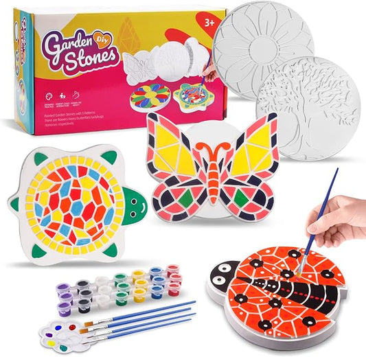 Weilim Paint Your Own Stepping Stones, 5-Pack DIY Garden Craft Kit for Kids | 5 Ready-to-Paint Ceramic Garden Stones + Paints & Brushes; Shapes Butterfly, Turtle, Flower, Tree, Ladybug; No Baking Needed