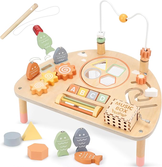 Vanplay 8 in 1 Wooden Activity Table, Montessori Toys for 2 Year Old Gift | Learning Activities with Bead Maze/Music Box/ Fishing Game, Fine Motor Skills, Christmas Birthday Gifts for Girl Boy