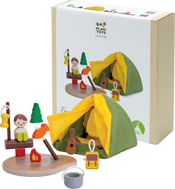 PlanToys Pretend Play Camping Set (6624) | Sustainably Made from Rubberwood and Non-Toxic Paints and Dyes | wooden camping play set, montessori imaginative role play, social skill development, open-ended adventure toys, kids toy