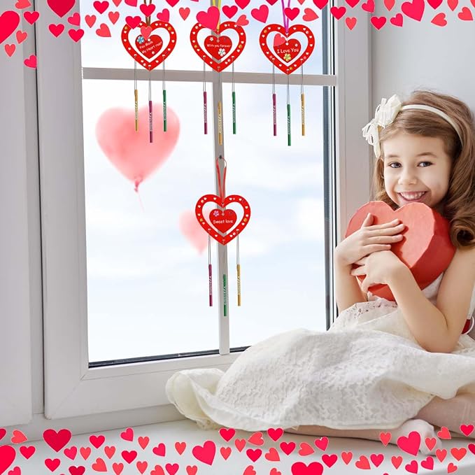 Fennoral 27 Pack Heart Wind Chime Kit for Kids Make You Own Red Heart Wind Chimes Mother's Day Wooden Ornaments for Kids Art and Craft Mothers Day Gifts Party Decoration