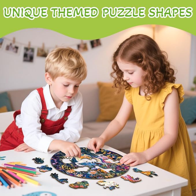 Rainbow Wooden Puzzles for Kids - Unicorn | 50 Piece Puzzles for Kids Ages 6-8, Kids Puzzles with Unique Animal Shapes, Round Gift for Girls and Boys (11.4 * 11.4 in)