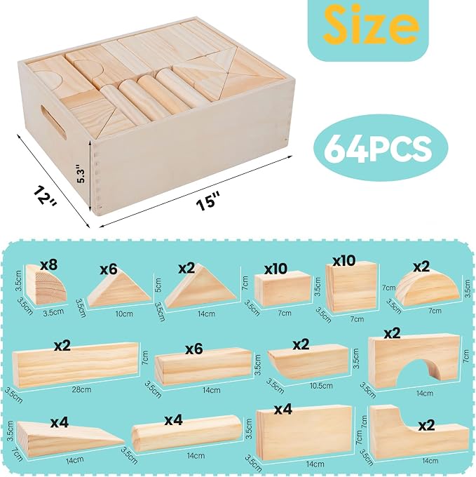 Large Wooden Blocks for Toddlers 1-3, 64Pcs Big Wood Building Blocks Set | Wooden Storage Box, Large Toddler Blocks Building and Stacking Toys Construction Set, Natural Child Safe Solid Wood Blocks