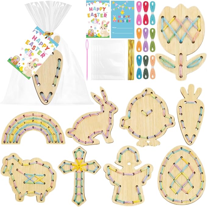 Capoda 18 Sets Back to School Crafts for Kids Wooden Classroom Lacing Card Toys Spring Basket Essentials with Colorful Threads for Classroom Girls Boys Spring Craft Activities Baskets Filler Supplies