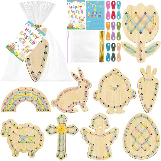 Capoda 18 Sets Back to School Crafts for Kids Wooden Classroom Lacing Card Toys Spring Basket Essentials with Colorful Threads for Classroom Girls Boys Spring Craft Activities Baskets Filler Supplies