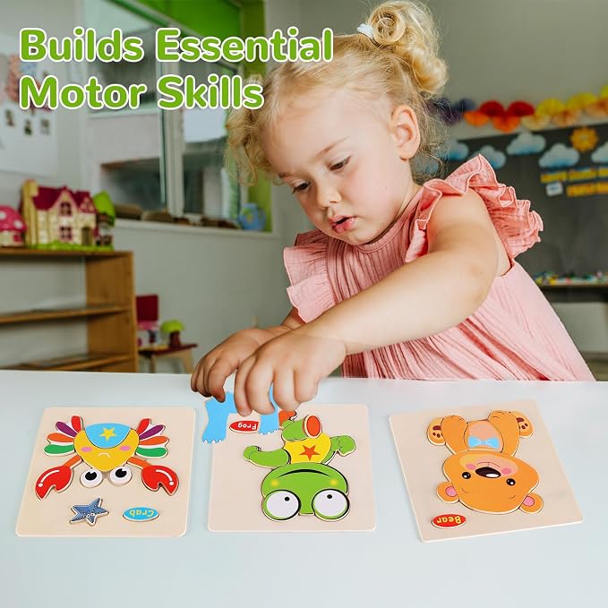 8 Pack Wooden Animal Puzzles for Kids Ages 3-5, Chunky Jigsaw Puzzle Set with Dinosaur, Panda, Crab, Elephant, Bear, Frog, Butterfly and Rabbit, Preschool Learning Toys for Boys and Girls