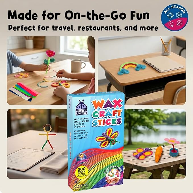 Wax Craft Sticks for Kids 300 PCS in 15 Colors, Mess-Free Sensory Craft | Reusable Bendable Wax Sticks, 6 in and 12 in Lengths, Non-Toxic, Screen-Free Road Trip and Airplane Travel Toy, Ages 4+
