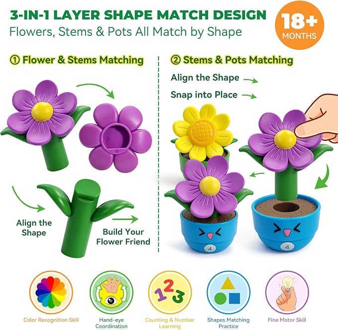 Montessori Flower Garden Building Toy for Girls & Boy, Toddler Gardening Set with 10 Shape & Number Flowers, Preschool Learning Matching & Stacking Game, Sensory Toys Gifts for 1 2 3 Year Old