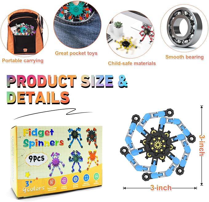 9PCS Transformable Fidget Spinner,Funny Stress Relief Sensory Fidget Toys | Deformable Chain DIY Robot Fingertip Gyros Toy Halloween Party Favors Stocking Stuffers Prizes for Kids Classroom