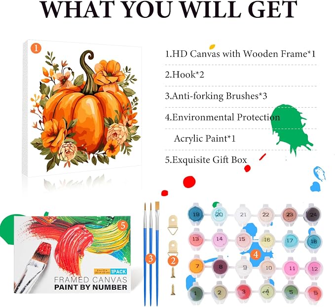 Fountor Fall Framed Paint by Numbers Kit for Adults Beginner 10x10 in | Pumpkin Paint by Numbers with frame, For Adults & Kids Ages 8-12, DIY Acrylic Painting, Stress Relief Home Wall Decor Gifts