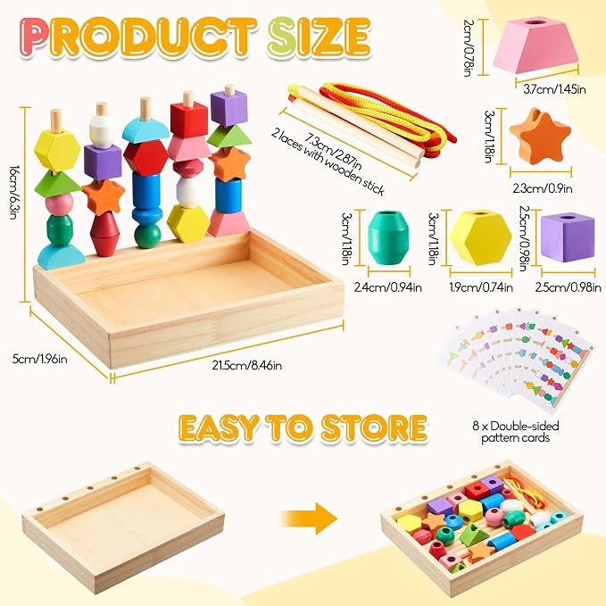 Montessori Wooden Toys, Lacing Beads & Stacking Block & Matching Shape Stacker, Montessori Wooden Beads Sequencing Toy Set, STEM Preschool Learning Toy Birthday Gift for 2 3 4 Year Old Toddler Gifts