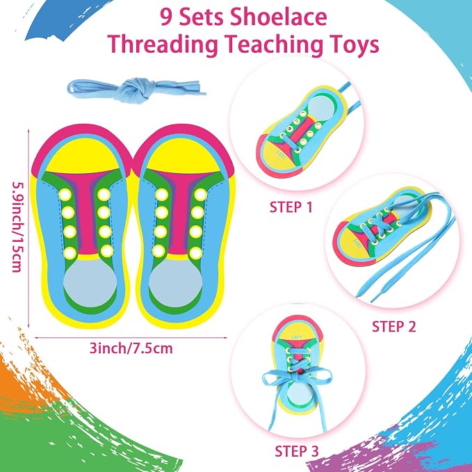 Capoda 9 Sets Back to School Lacing Cards Shoes Educational Threading Toy for Classroom Wooden Lacing Card Toys with Colorful Threads for Develop Imagination Early Education and Learning Activity