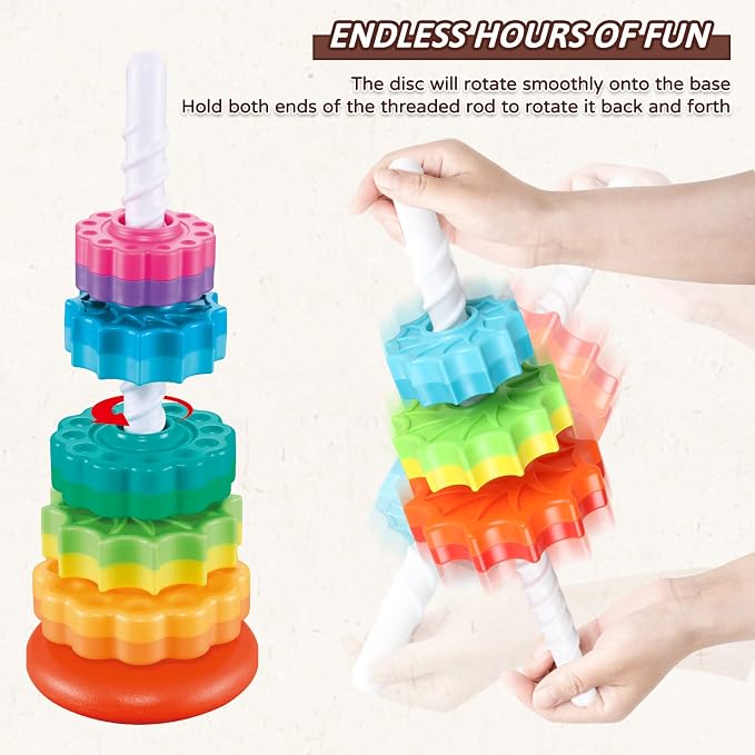JUXUE Baby Spinning Stacking Toys for Toddlers 1-3, Rainbow Ring Stacker Montessori Toys for Babies for 12 Months, 1 2 3 One Year Old Girl Boy Christmas Birthday Gifts, Autism Sensory Learning Toy