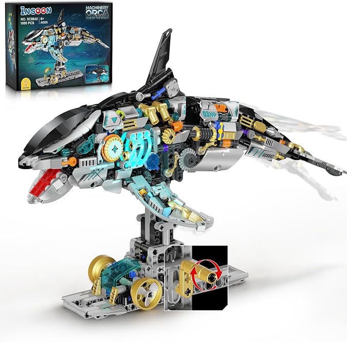 INSOON Mechanical Orca Building Set STEM Toy with LED Light for Boys 12+ | Interactive Whale Building Block with Crank Mechanism, Ocean Animal Model Christmas Birthday Gift for Teens Adults(1005 PCS)