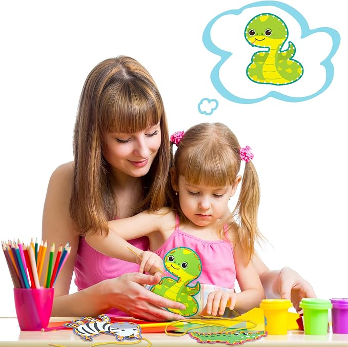 10 Pcs Kids Lacing Cards Double Sided Animal Sewing Cards Kits 10 Styles Lacing Toy Crafts for Toddler Ages 6+ Developing Imagination Preschool Learning Activity Supplies(Jungle Style)