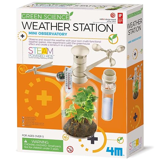 4M Green Science Weather Station - DIY Mini Observatory & STEAM Science Kit | Build an anemometer, rain gauge and thermometer to track wind and rain; create a 22x12 cm terrarium with recycled bottles