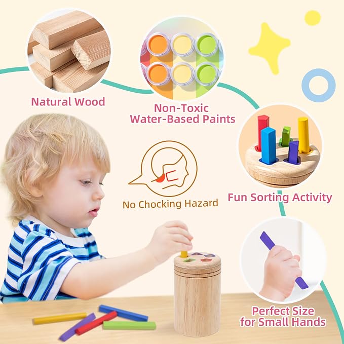 Montessori Wooden Stick Color Sorting Toys for 1+ Year Old | Preschool Learning Activities Educational Fine Motor Color Sorting Matching Game,1 2 3 Year Old Birthday Gifts for Boys Girls