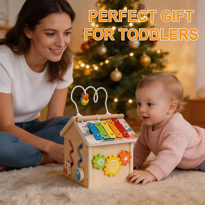 Montessori Wooden Baby Activity Play Cube Toys for Boys Girls 6 Months+, Early Developmental Learning Activity Center for Toddlers, 1-3 Years Old Kids First Birthday Gift, Bonus Infant Press & Go Car