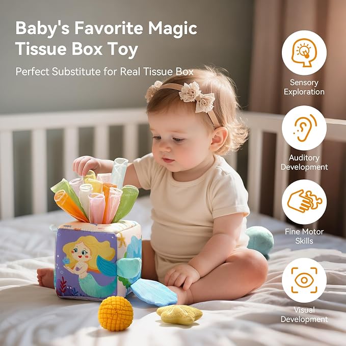 Youuys Baby Tissue Box Toy for Babies 6-12 Months - Montessori Sensory Busy Cube Toys with 3 Textured Balls & 12 Silky Scarves - Ideal Gift for Toddler Girls Ages 6 12 18 Months (Mermaid Theme)