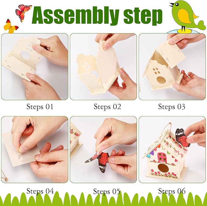 Sawysine 107 DIY Birdhouse Kits, Wooden Bird House Round Entrance | 48 Wooden Bird House Kits in 6 Shapes and 57 Butterfly Sticker for Children Fall Craft Activity Art DIY Project